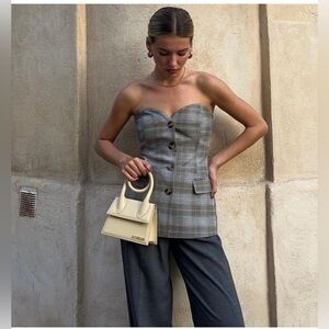 Zara plaid button‎ down strapless bustier top size small NEW grey babydoll flare